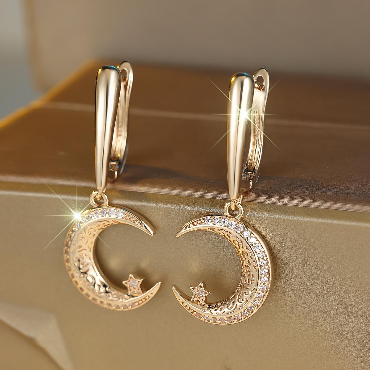 New star and moon carved full diamond inlaid pendant earrings, retro romantic exquisite versatile earrings
New star and moon carved full diamond inlaid pendant earrings, retro romantic exquisite versatile earrings
