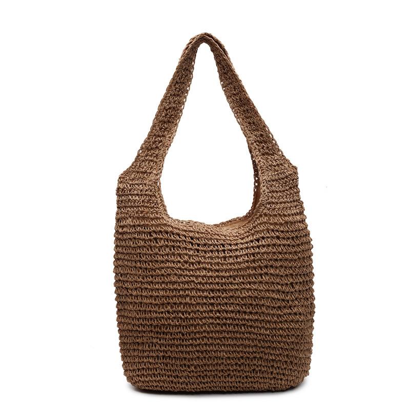 Повседневная соломенная плетеная сумка-тоут для отпуска, легкая однотонная, на плечо, женская сумка большой вместимости, соломенная плетеная сумка-тоут