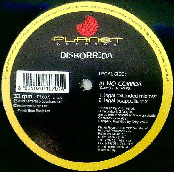 12inch Record DISKORRIDA - Ai No Corrida PL1007 Planet Records 1998 Italy Dance & Electronica Used
12inch Record DISKORRIDA - Ai No Corrida PL1007 Planet Records 1998 Italy Dance & Electronica Used