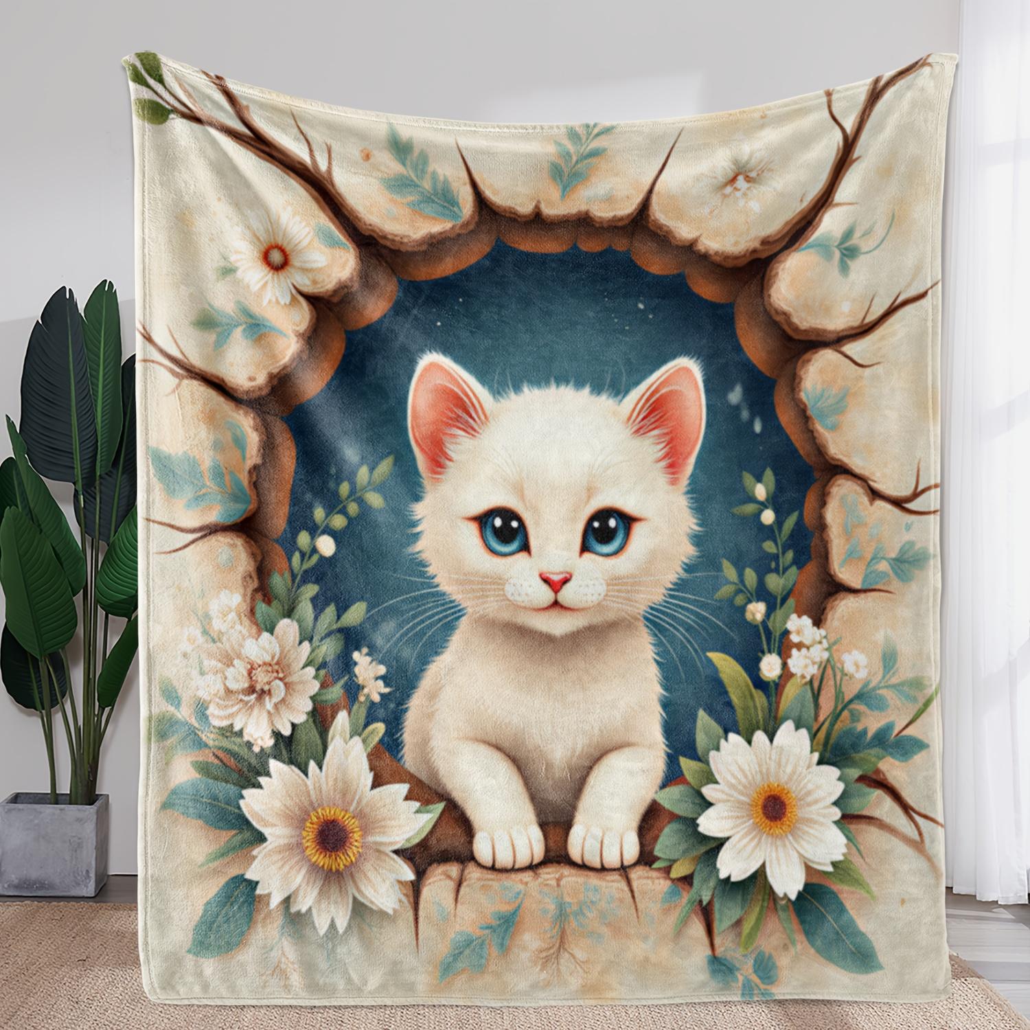 1pc Zeal Lily Flannel Blanket - Vintage Floral & Kitten Throw with Blue-Eyed White Cat, Floral Print in Beige/Teal/Green/White/ 75x90cm
1pc Zeal Lily Flannel Blanket - Vintage Floral & Kitten Throw with Blue-Eyed White Cat, Floral Print in Beige/Teal/Green/White/ 75x90cm