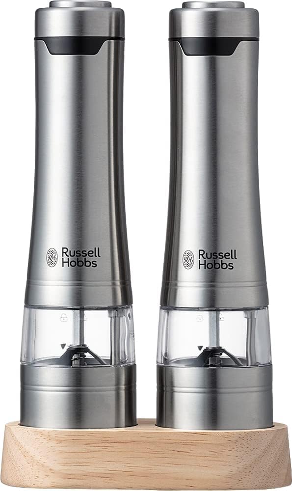Электрическая мельница Russell Hobbs для соли, перца, каменной соли, перца, специй, регулируемая степень помола, набор из 2 штук, деревянная подставка, серебристый цвет 7923JP и
Электрическая мельница Russell Hobbs для соли, перца, каменной соли, перца, специй, регулируемая степень помола, набор из 2 штук, деревянная подставка, серебристый цвет 7923JP и