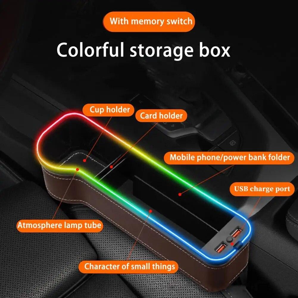 New Car Crevice Storage Box with 2 USB Charger Colorful LED Seat Gap Slit Pocket Seat Organizer Card Phone Bottle Cups Holder
New Car Crevice Storage Box with 2 USB Charger Colorful LED Seat Gap Slit Pocket Seat Organizer Card Phone Bottle Cups Holder
