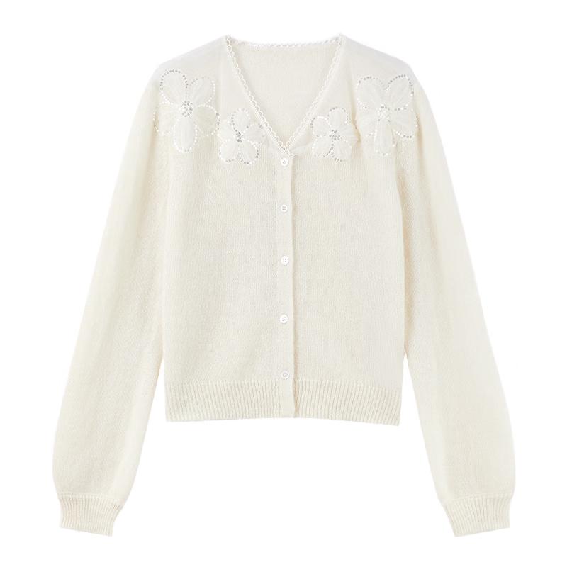 Elegant V-Neck Knitted Cardigan with 3D Floral Embellishment L
Elegant V-Neck Knitted Cardigan with 3D Floral Embellishment L