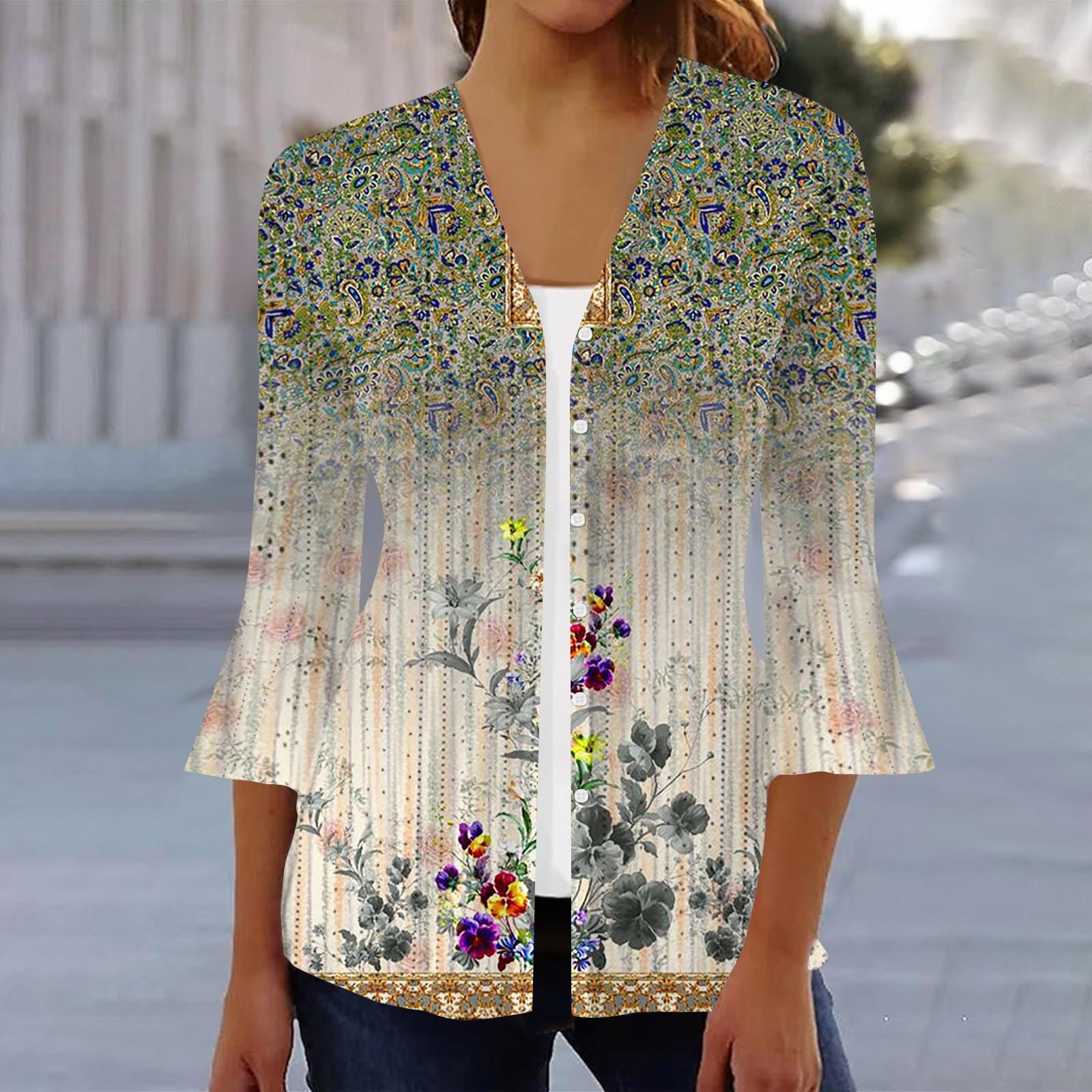 Женская мода свободный повседневный принт с рукавом три четверти рубашка на пуговицах кардиган топ XL зелёный