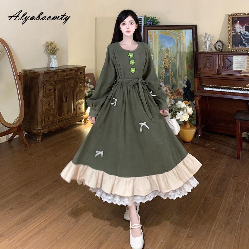 Японский стиль Mori Girl Осень-зима Женское вельветовое платье миди Плюс Размер О-образный вырез Цветочный бант Свободное платье Винтажное кружевное платье с оборками в стиле пэчворк XL зелёный