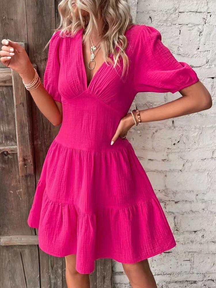 2025 Summer Pleated Mini Skirt Solid Slim-fit V-neck Mid-sleeve Dress for European and American Women Medium рожевий червоний колір
2025 Summer Pleated Mini Skirt Solid Slim-fit V-neck Mid-sleeve Dress for European and American Women Medium рожевий червоний колір