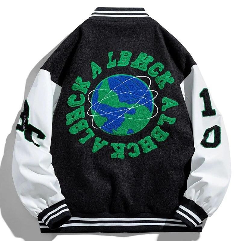 Men Black Bomber Jacket Loose Earth Pattern Varsity Jackets Woman Hip Hop Leather Sleeves Spring Fall Outwear Jaqueta Masculina
Men Black Bomber Jacket Loose Earth Pattern Varsity Jackets Woman Hip Hop Leather Sleeves Spring Fall Outwear Jaqueta Masculina