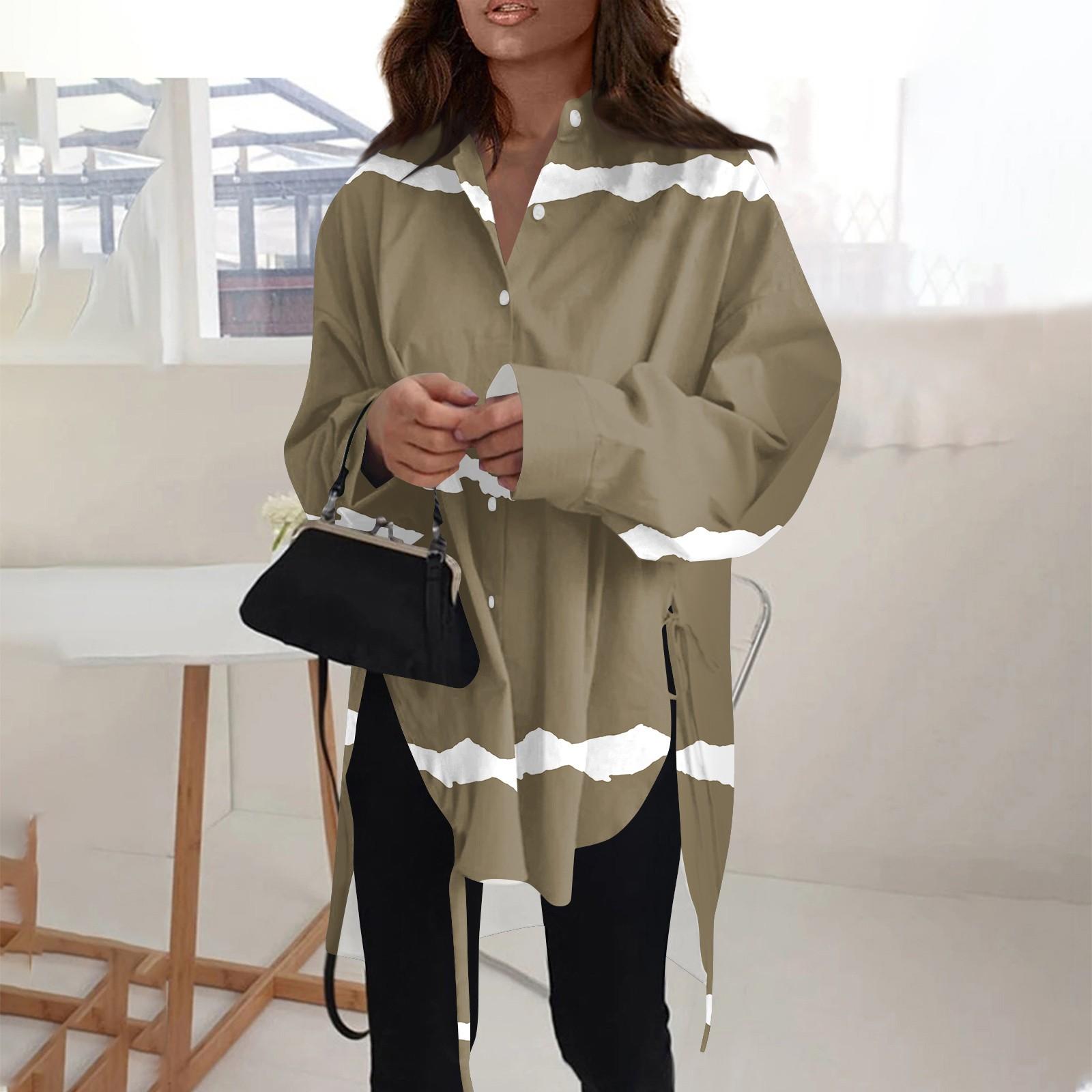 Модная повседневная рубашка свободного типа с пуговицами и полосатым принтом с длинным рукавом и лацканами для женщин XL коричневый