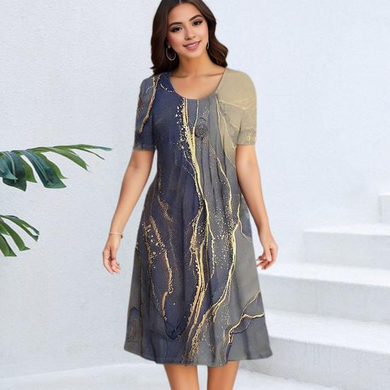 Женское летнее платье контрастного цвета с трапециевидным принтом с короткими рукавами и круглым вырезом Свободное мягкое дышащее пуловер больших размеров длиной до колена платье миди 
Женское летнее платье контрастного цвета с трапециевидным принтом с короткими рукавами и круглым вырезом Свободное мягкое дышащее пуловер больших размеров длиной до колена платье миди