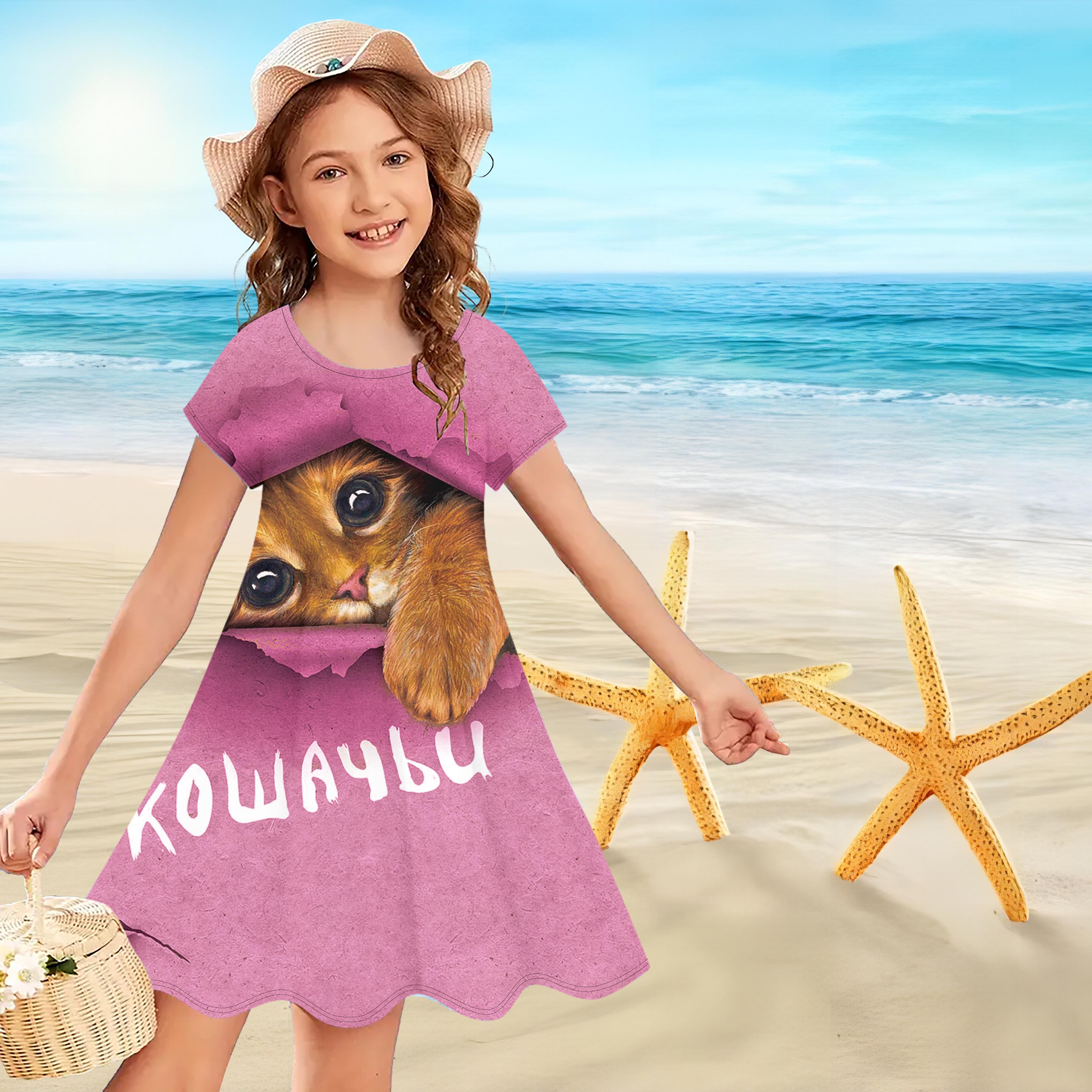 Платья с 3D-фиолетовым принтом кота для девочек, детское праздничное платье принцессы без рукавов для девочек, платье-майка с 3D принтом