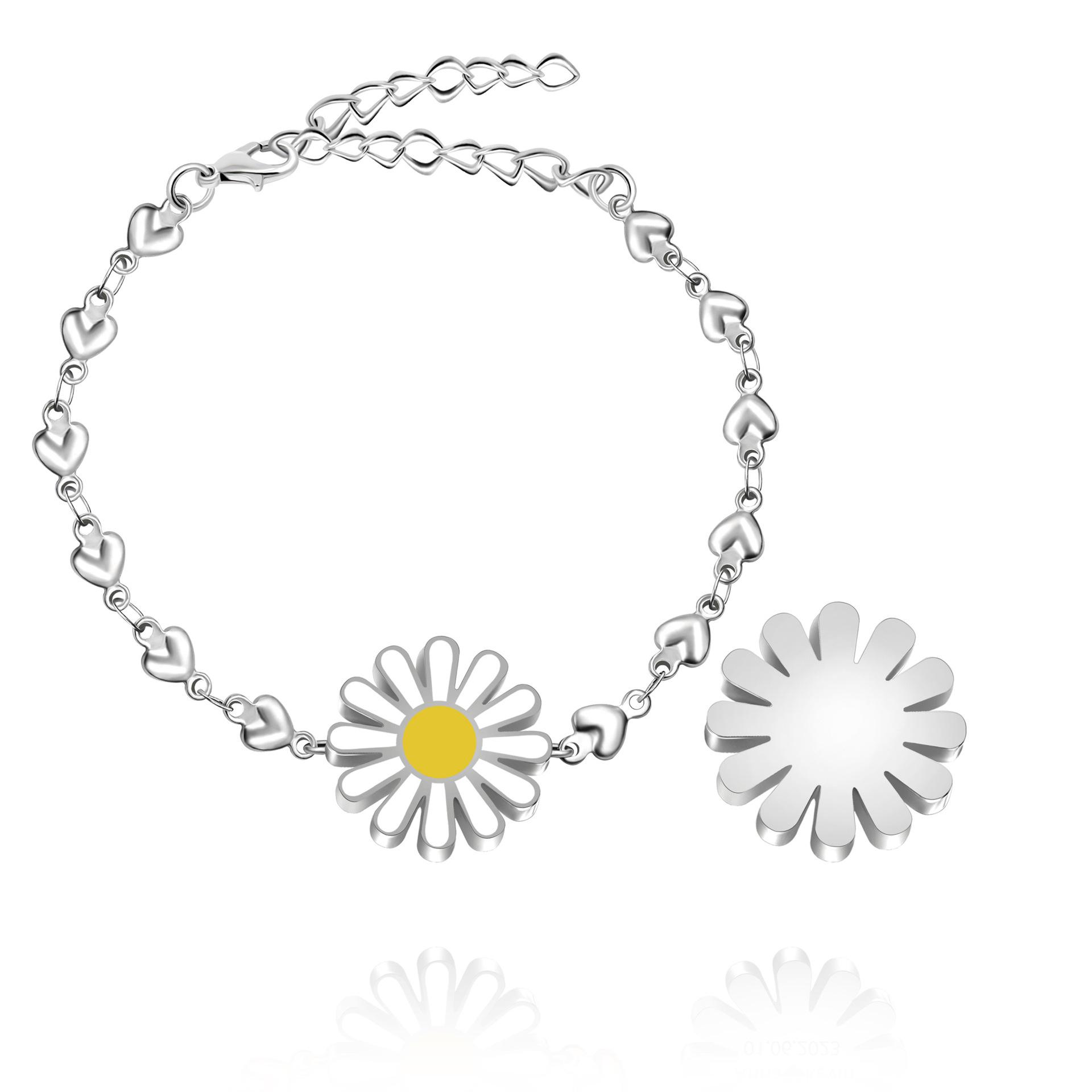 Минималистичный браслет-цепочка из нержавеющей стали с эмалевым сердцем, украшенный ромашкой и подсолнухом белый
Минималистичный браслет-цепочка из нержавеющей стали с эмалевым сердцем, украшенный ромашкой и подсолнухом белый