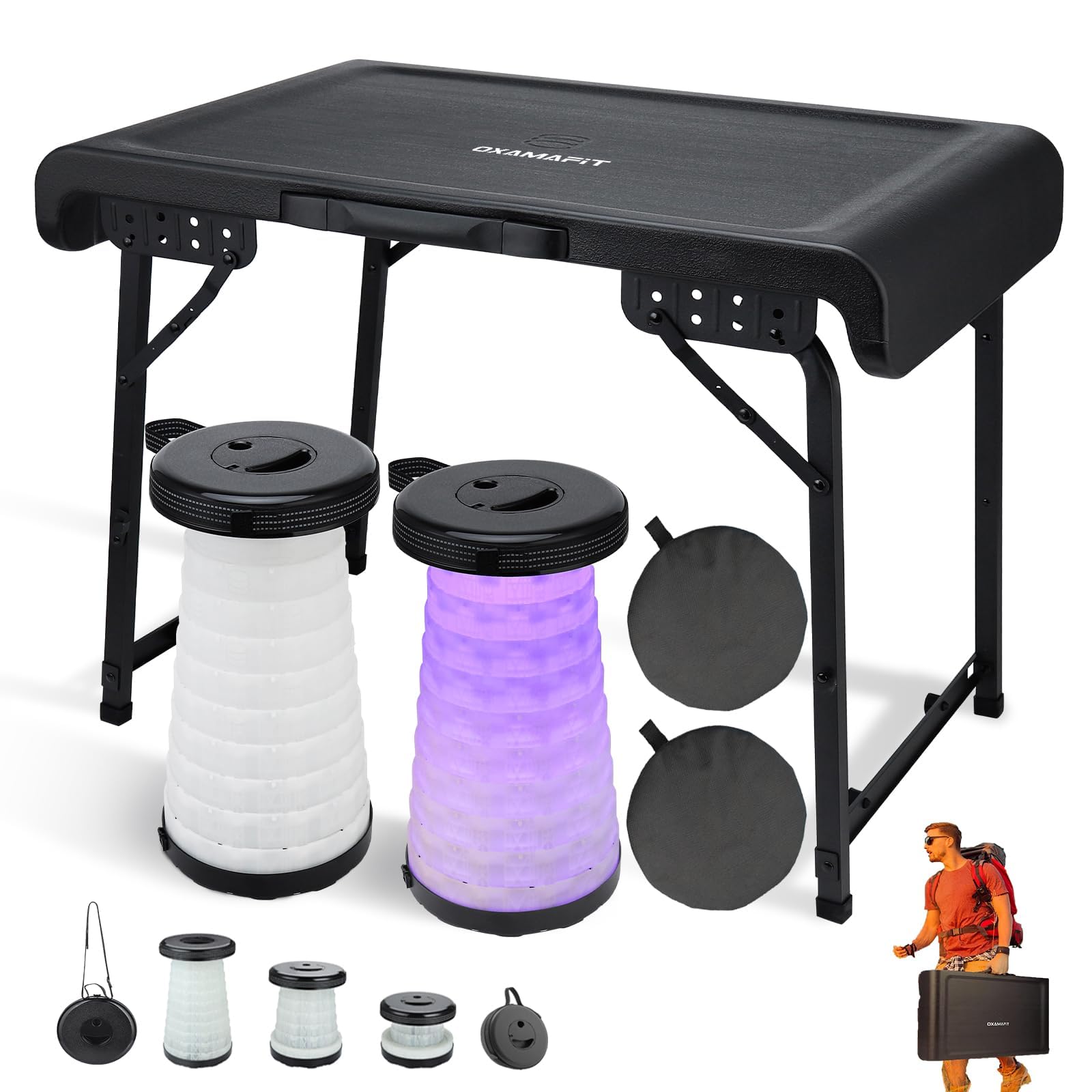 OXAMAFIT outdoor portable folding table comes with 2 telescopic stools, the stools have 3 light modes and the height is adjustable. The load capacity
OXAMAFIT outdoor portable folding table comes with 2 telescopic stools, the stools have 3 light modes and the height is adjustable. The load capacity