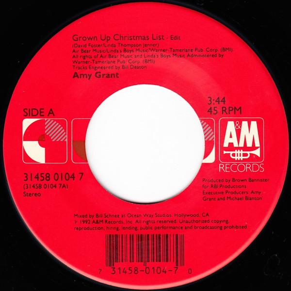 7inch Record AMY GRANT - Grown Up Christmas List 3145801047 A&M Records 1992 US Pop Used
7inch Record AMY GRANT - Grown Up Christmas List 3145801047 A&M Records 1992 US Pop Used