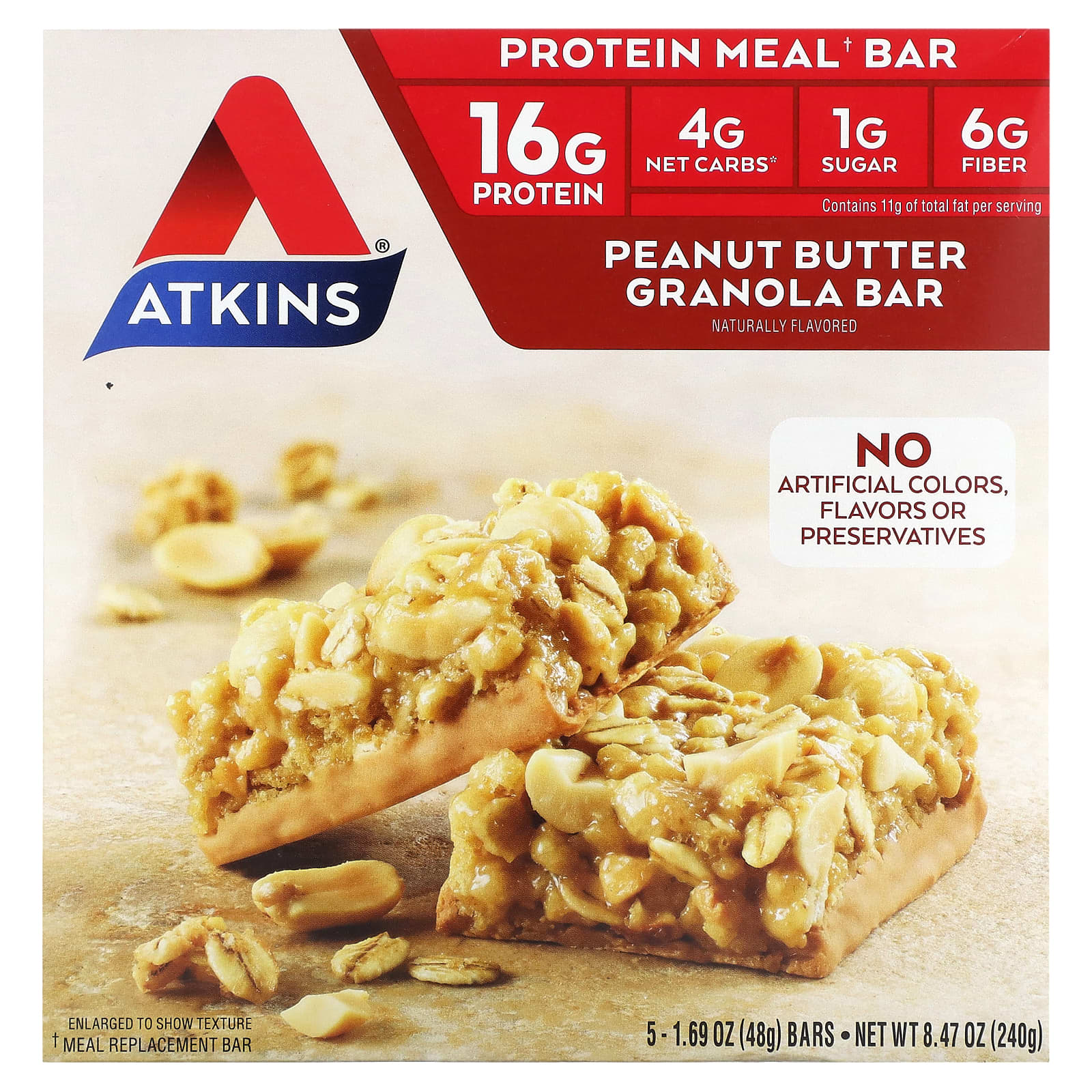 Atkins, Protein Meal Bar, Peanut Butter Granola Bar, 5 bars, 1.69 oz (48 g) each
Atkins, Protein Meal Bar, Peanut Butter Granola Bar, 5 bars, 1.69 oz (48 g) each