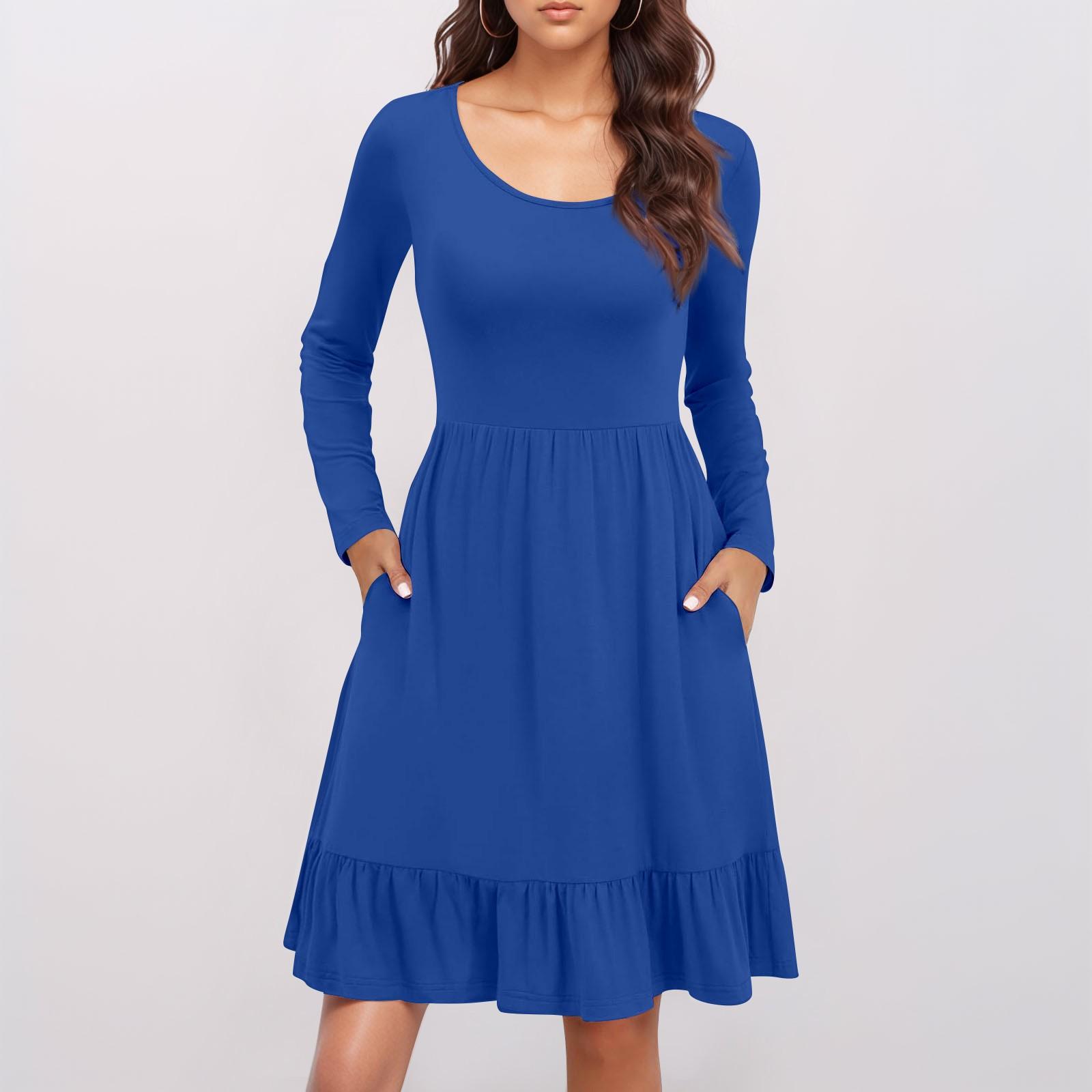 Женское повседневное платье с круглым вырезом и длинными рукавами, однотонное свободное платье со складками на талии L синий
Женское повседневное платье с круглым вырезом и длинными рукавами, однотонное свободное платье со складками на талии L синий