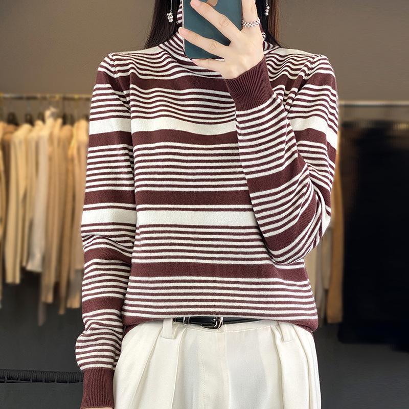 Осень и зима новый полосатый свитер с высоким воротником, вязаный пуловер, свободный и тонкий теплый свитер, универсальное женское пальто XXL кофейный
Осень и зима новый полосатый свитер с высоким воротником, вязаный пуловер, свободный и тонкий теплый свитер, универсальное женское пальто XXL кофейный