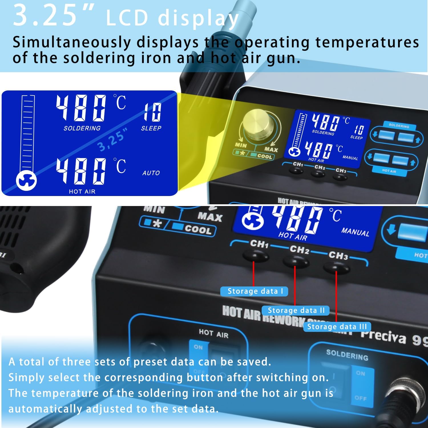 992D+ 2-in-1 Soldering & Hot Air Rework Station with LCD, Memory Presets, Sleep Mode | Includes Iron, Gun, Tips, Nozzles, Tools, United States
992D+ 2-in-1 Soldering & Hot Air Rework Station with LCD, Memory Presets, Sleep Mode | Includes Iron, Gun, Tips, Nozzles, Tools, United States