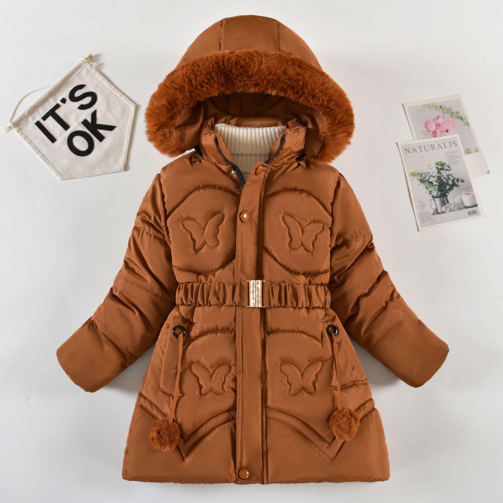 Зимнее хлопковое пальто на толстом флисе для девочек, модный стиль, средней длины, с приталенным дизайном 130 коричневый