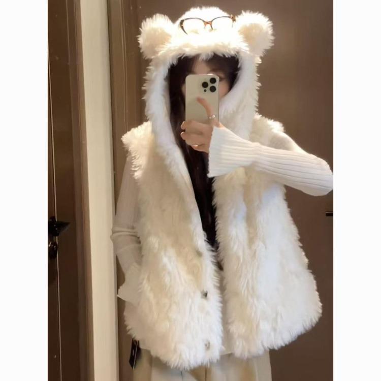 Осенний жилет из овечьей шерсти для женщин, милое пальто с капюшоном в виде медведя, милая верхняя одежда L белый