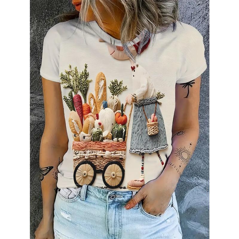 Ladies white T-shirt with cartoon printed on the back, featuring a three-dimensional style of a girl pushing a vegetable cart 8XL
Ladies white T-shirt with cartoon printed on the back, featuring a three-dimensional style of a girl pushing a vegetable cart 8XL