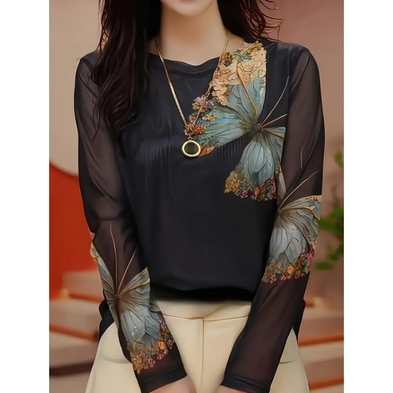 Женский топ из тюля с длинным рукавом и принтом бабочек | Полупрозрачная эластичная футболка с круглым вырезом и ажурными вырезами, дышащая ткань, модные топы ear 3xl