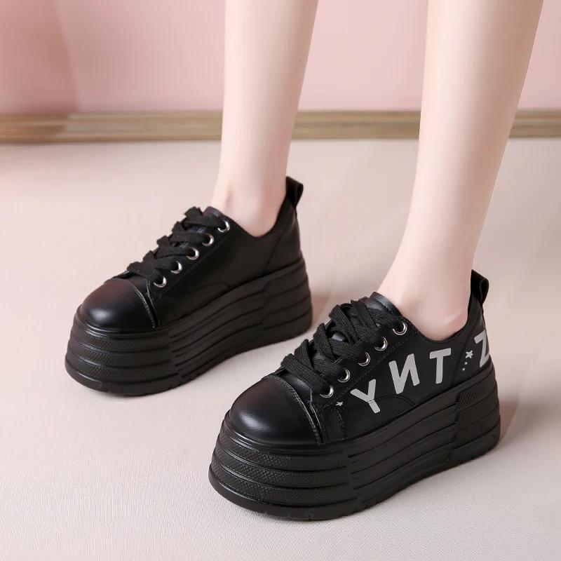 Модные 8-сантиметровые ботильоны Весенняя женская мода Блестящий бант Массивная обувь Вулканизированная Осенняя мотоциклетная платформа Клиновидная обувь на плоской подошве 35