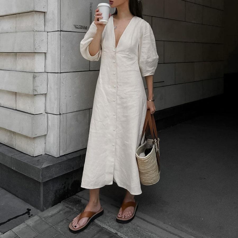 Retro Cotton and Linen Dress Sexy V-neck Puff Sleeve Beach Suspender Skirt Robe S слонова кістка
Retro Cotton and Linen Dress Sexy V-neck Puff Sleeve Beach Suspender Skirt Robe S слонова кістка