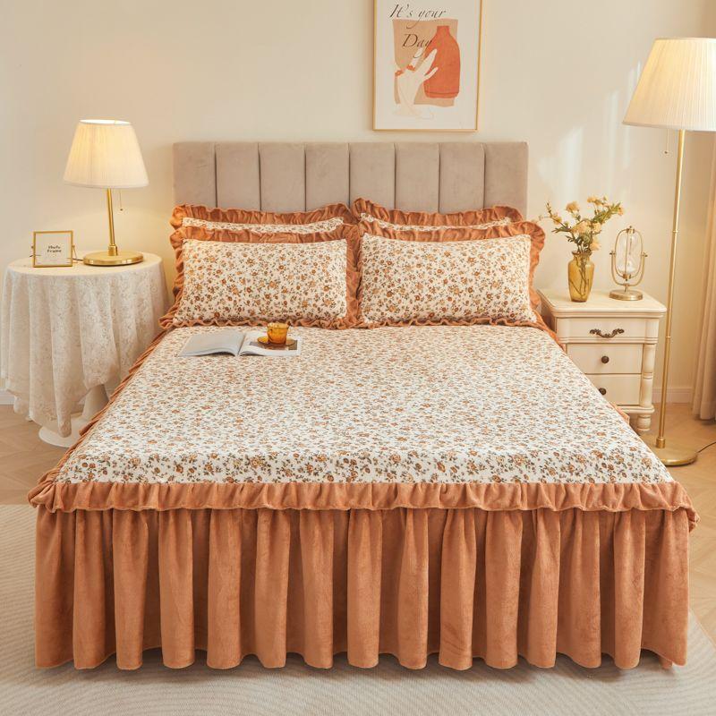 3 шт., маленькая плюшевая юбка с цветочным узором, зимняя толстая толстая воланная кромка, покрывало, защитный чехол для матраса, противоскользящая простыня 150x200cm bed skirt
