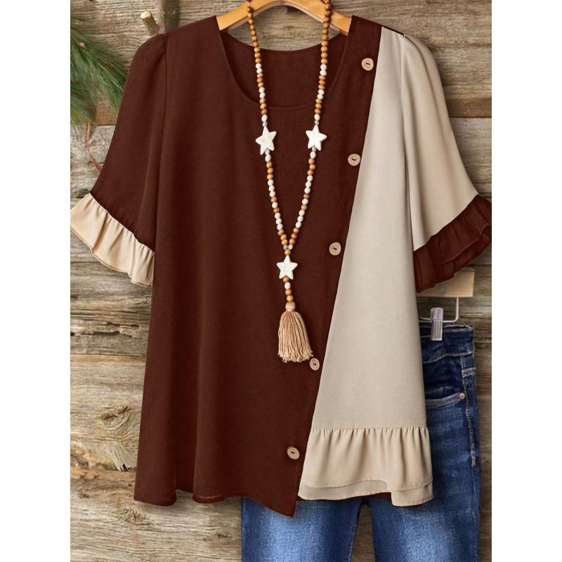 Summer New Design Color-matching Button-up Oversized Women s Loose Round-neck Ruffled Short-sleeved T-shirt 5XL коричневий
Summer New Design Color-matching Button-up Oversized Women s Loose Round-neck Ruffled Short-sleeved T-shirt 5XL коричневий