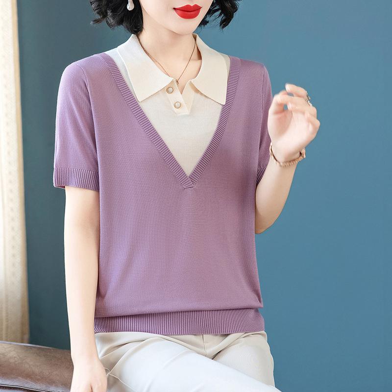 Fashionable Short-Sleeve Faux Two-Piece T-shirt Cardigan for Moms, Elegant Lapel Top for Middle-Aged Women XL (100-110 lbs) фіолетовий
Fashionable Short-Sleeve Faux Two-Piece T-shirt Cardigan for Moms, Elegant Lapel Top for Middle-Aged Women XL (100-110 lbs) фіолетовий