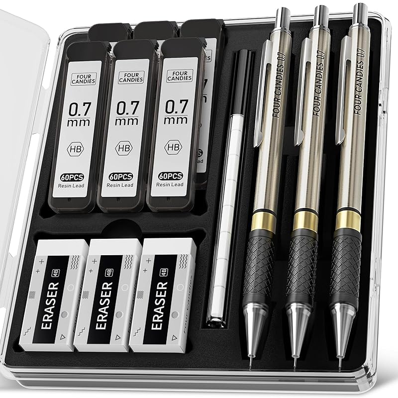 Four Candies metal mechanical pencil set 0.7mm 3 pieces HB core refill 360 pieces With eraser For drafting writing for sketching With case
Four Candies metal mechanical pencil set 0.7mm 3 pieces HB core refill 360 pieces With eraser For drafting writing for sketching With case