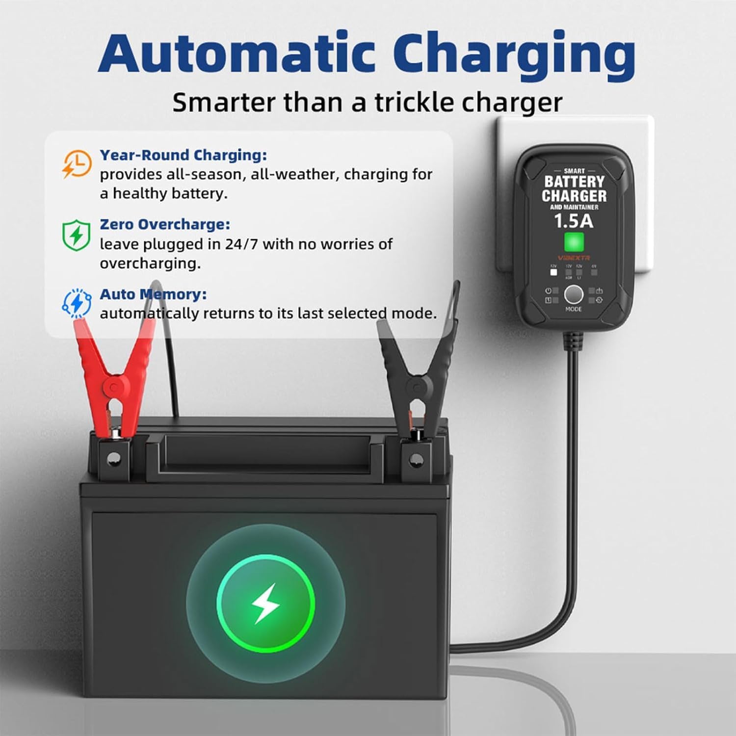 1.5A 6V/12V Car Battery Charger – Automatic Trickle Charger, Battery Maintainer with Overcharge Protection & Temperature Compensation – for Lead
1.5A 6V/12V Car Battery Charger – Automatic Trickle Charger, Battery Maintainer with Overcharge Protection & Temperature Compensation – for Lead