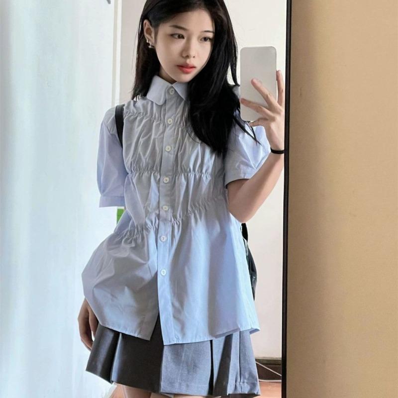 Solid Color Pleated Women s Shirt Loose Turndown Collar Single Breasted Famale Short Sleeved Shirts Summer Casual Ladies Front Open Top S
Solid Color Pleated Women s Shirt Loose Turndown Collar Single Breasted Famale Short Sleeved Shirts Summer Casual Ladies Front Open Top S