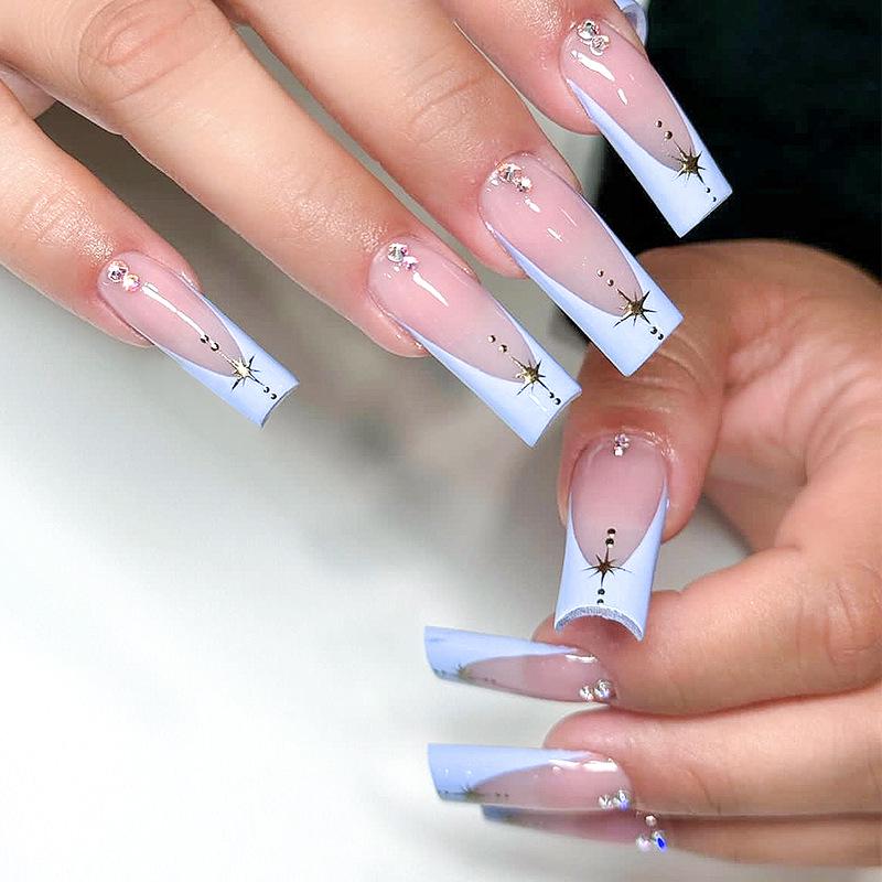 Blue-Purple French Edge Extra-Long Rectangular Press-On Nails with Gold Hexagram Pattern
Blue-Purple French Edge Extra-Long Rectangular Press-On Nails with Gold Hexagram Pattern