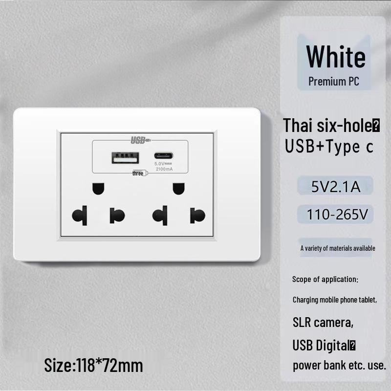 Thai 15A 110V-250V Six-Hole Socket Panel with USB Type-C Charging and Switch
Thai 15A 110V-250V Six-Hole Socket Panel with USB Type-C Charging and Switch