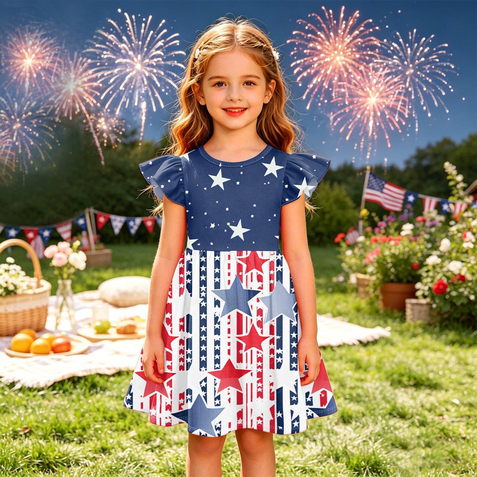 Girls Ruffle Sleeve Dress Independence Day Spliced Star Print Casual Party Dress Lightweight Soft Fabric Summer Dress for Kids 110
Girls Ruffle Sleeve Dress Independence Day Spliced Star Print Casual Party Dress Lightweight Soft Fabric Summer Dress for Kids 110