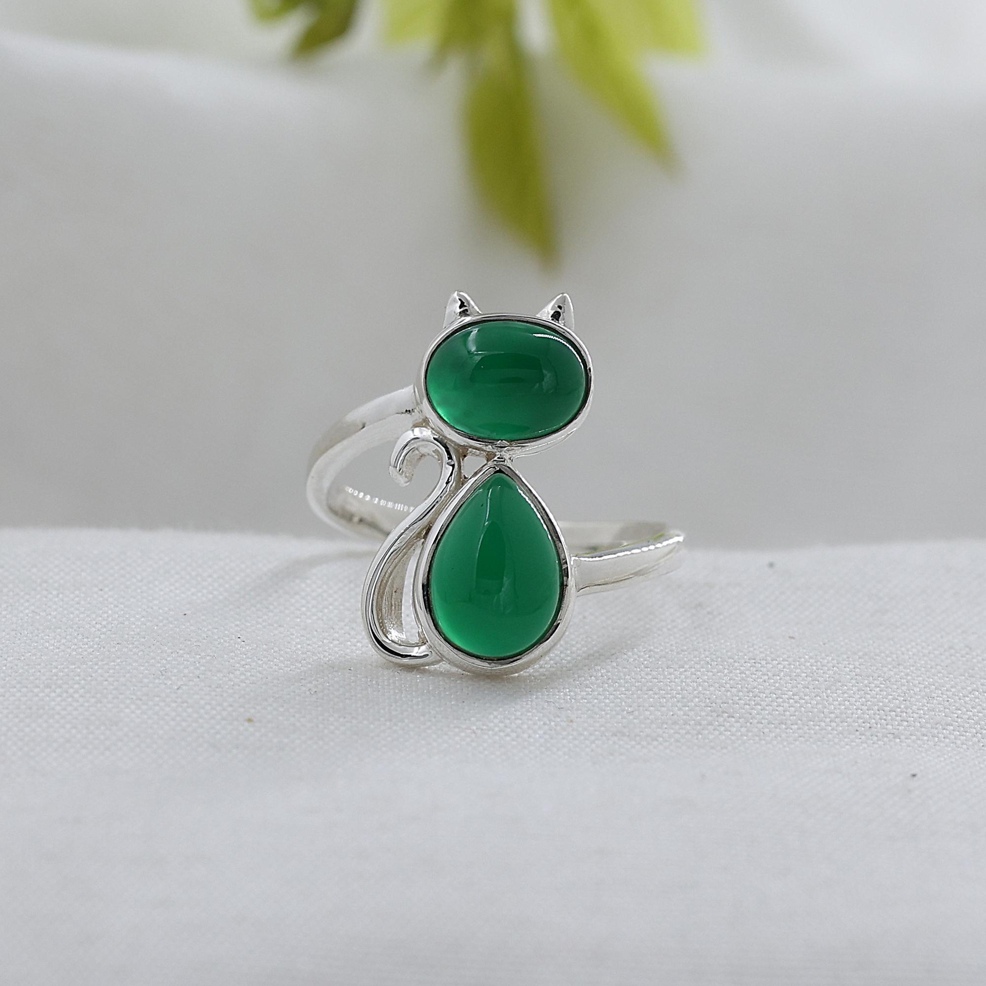 Серебряное кольцо с зеленым ониксом в виде кошки, Подарки для нее, Ювелирные изделия ручной работы из стерлингового серебра 925 пробы, Серебряные украшения с животными, Женское кольцо Ar8926 7.5 зелёный