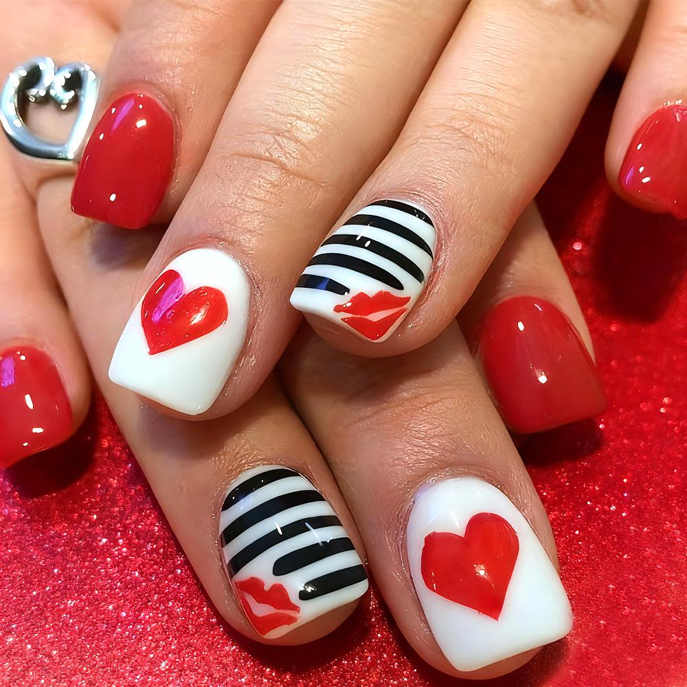 Valentine s Day Peach Heart Press-on Nails: Glossy Black Stripes with Red Hearts, Sweet and Cool Design, Set of 24 Pieces.
Valentine s Day Peach Heart Press-on Nails: Glossy Black Stripes with Red Hearts, Sweet and Cool Design, Set of 24 Pieces.