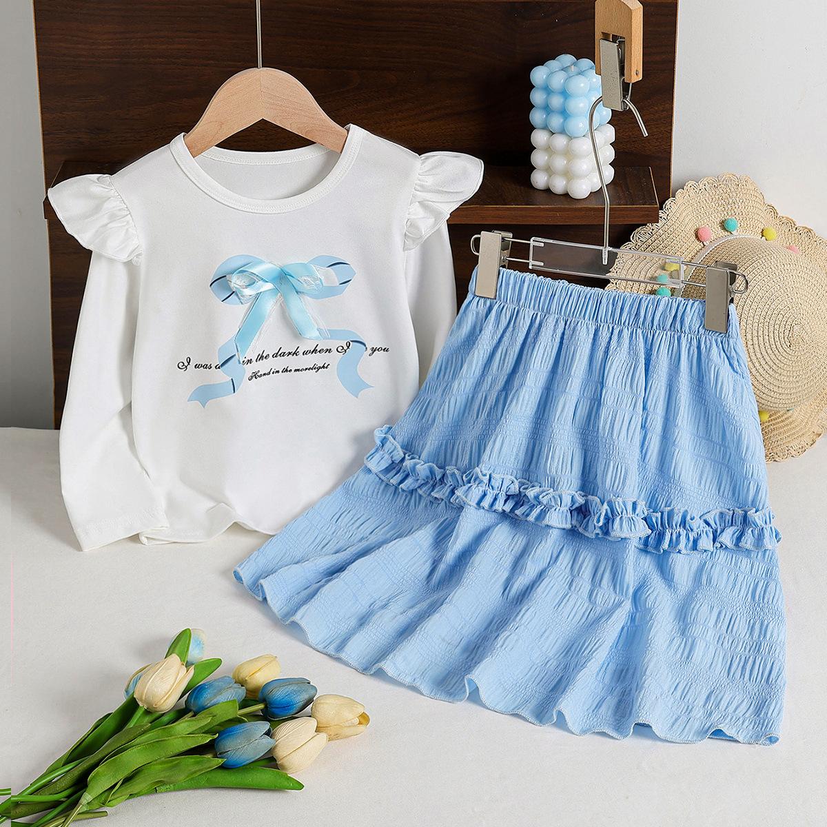 Girls Fashion Blue Set Summer Kids Fashion Lace Skirt Collarless Long-Sleeve Top with Bow Two-Piece Set 9-10Y~140cm
Girls Fashion Blue Set Summer Kids Fashion Lace Skirt Collarless Long-Sleeve Top with Bow Two-Piece Set 9-10Y~140cm
