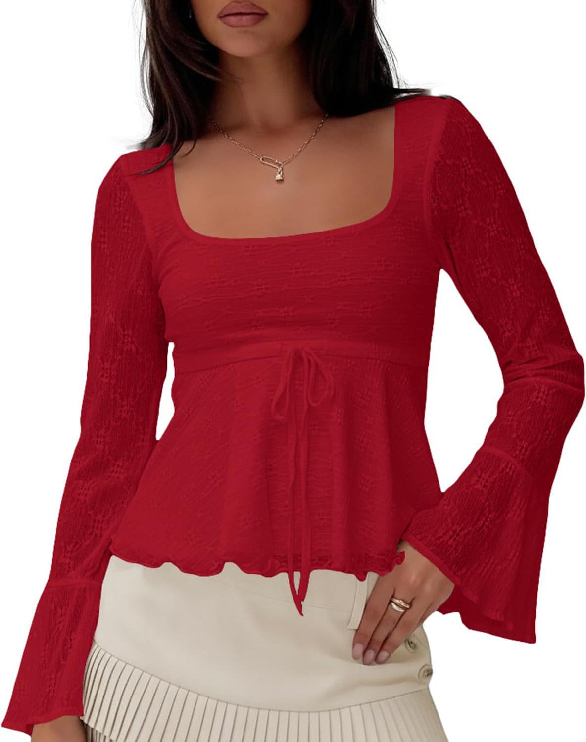 2025 Women s Bell Sleeve U-Neck Lace Shirt Small червоний
2025 Women s Bell Sleeve U-Neck Lace Shirt Small червоний