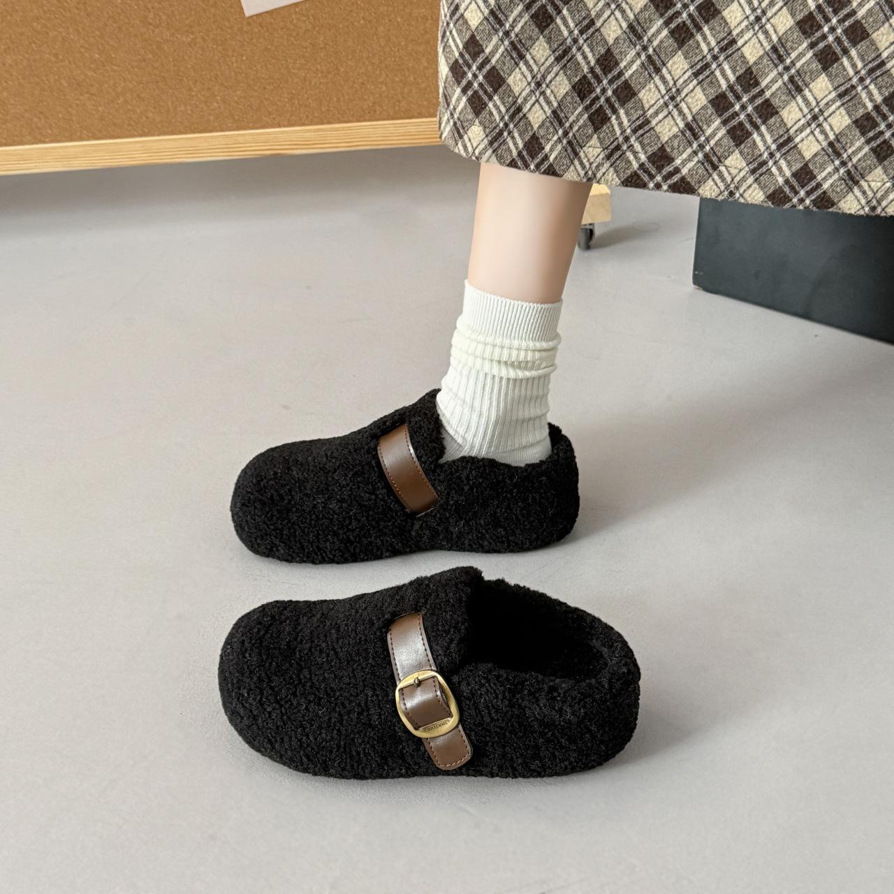 Корейская версия Birkenstock сумка голова пушистые тапочки женские 2025 осень и зима новый ремень с пряжкой модные на небольшой платформе хлопковые сл 40 чёрный