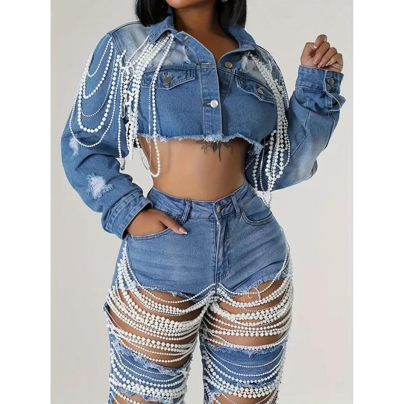 New Women s Nightclub Pearl Chain Denim Jacket - Fashionable and Versatile European & American Style M
New Women s Nightclub Pearl Chain Denim Jacket - Fashionable and Versatile European & American Style M