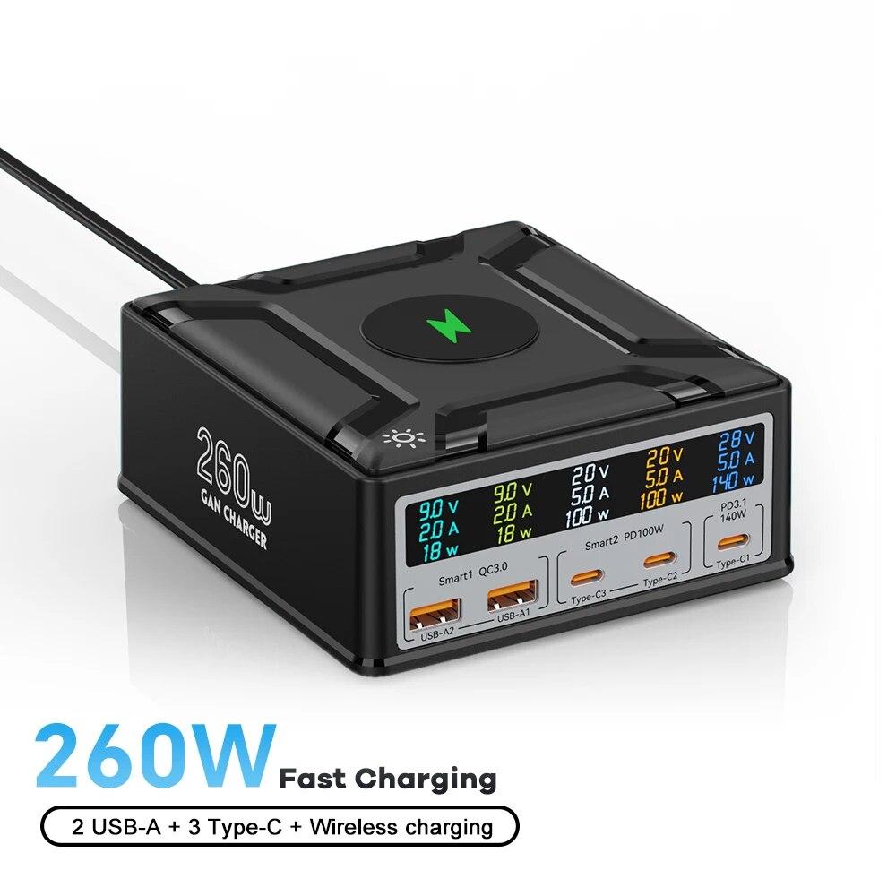 Зарядное устройство USB C GaN 260 Вт, беспроводное зарядное устройство PD3.1 QC3.0, быстрое зарядное устройство PPS, 5-портовая быстрая зарядка для MacBook Pro, iPhone, ноутбука Samsung
Зарядное устройство USB C GaN 260 Вт, беспроводное зарядное устройство PD3.1 QC3.0, быстрое зарядное устройство PPS, 5-портовая быстрая зарядка для MacBook Pro, iPhone, ноутбука Samsung