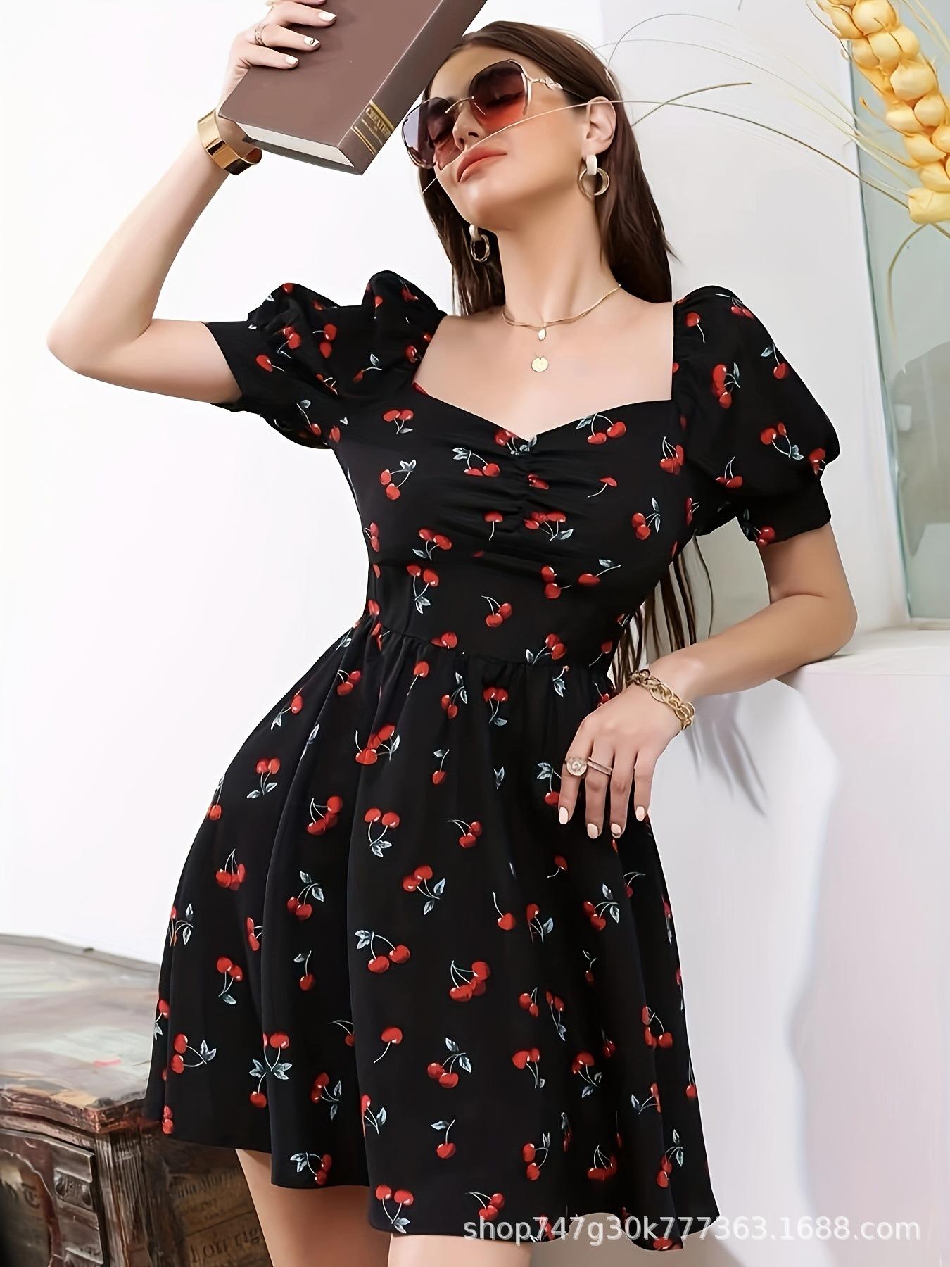 European and American style cherry print waist and thin V-neck bubble sleeve A-word dress, summer new short skirt XXL чорний
European and American style cherry print waist and thin V-neck bubble sleeve A-word dress, summer new short skirt XXL чорний