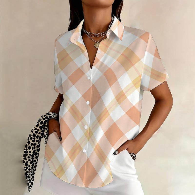 Korean style minimalist warm toned plaid printed plus size short sleeved shirt for women in summer, daily lapel short sleeved 8XL
Korean style minimalist warm toned plaid printed plus size short sleeved shirt for women in summer, daily lapel short sleeved 8XL