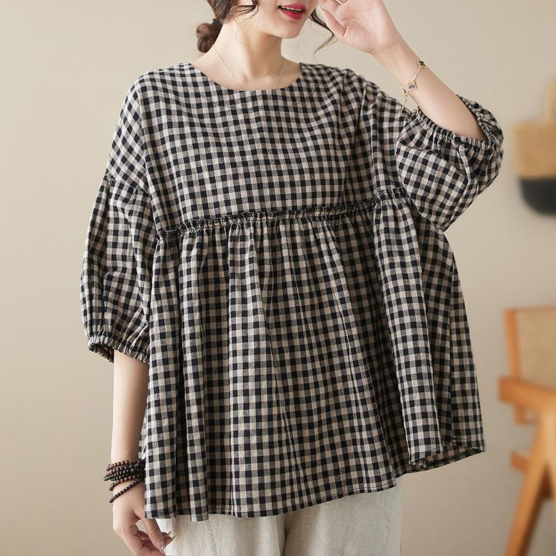 Пуловер с круглым вырезом, рукавами-фонариками, рукавами длиной семь дюймов, пышный, в клетку, из хлопка и льна, женские блузки и рубашки 2XL
Пуловер с круглым вырезом, рукавами-фонариками, рукавами длиной семь дюймов, пышный, в клетку, из хлопка и льна, женские блузки и рубашки 2XL