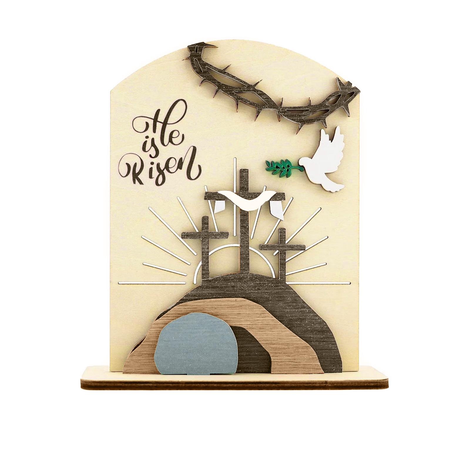 Wooden Tabletop Religious Decor He Is Risen Design with Crosses Dove and Crown of Thorns for Home Office Church Display
Wooden Tabletop Religious Decor He Is Risen Design with Crosses Dove and Crown of Thorns for Home Office Church Display