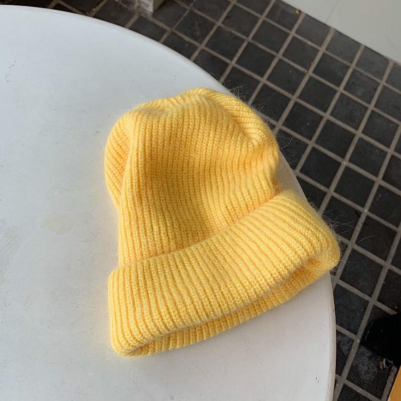 Повседневная однотонная шерстяная шапка женская шапка из кроличьего меха милая теплая вязаная шапка осень и зима универсальная модная мужская L(58-60cm) жёлтый