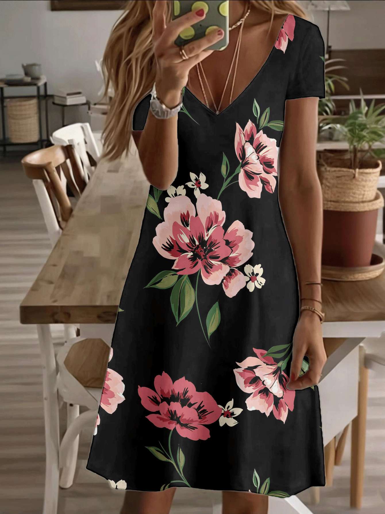 Vneck shortsleeve midi dress floral print women dress elegant black background pink flower 3D highquality printing durable casual fashion summer outfi 7XL дубильна кора
Vneck shortsleeve midi dress floral print women dress elegant black background pink flower 3D highquality printing durable casual fashion summer outfi 7XL дубильна кора