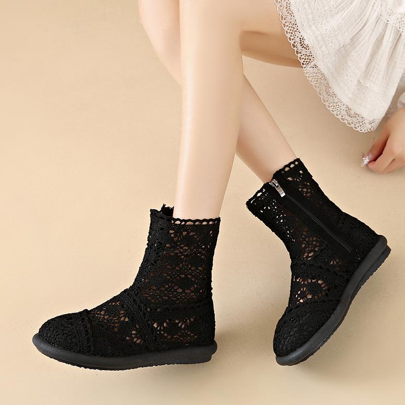 Мода 2025 Женские Ботинки с Вырезами Сетчатая Дышащая Обувь Летние Женские Ботильоны Вязаная Линия Плоская Подошва Молния Круглый Носок Однотонная Обувь 35 чёрный